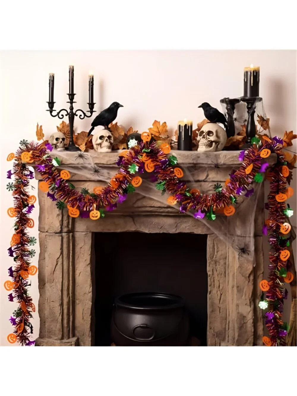 Halloween Garland Decorations Glitter Tinsel Orange Pumpkin Black Bats Purple